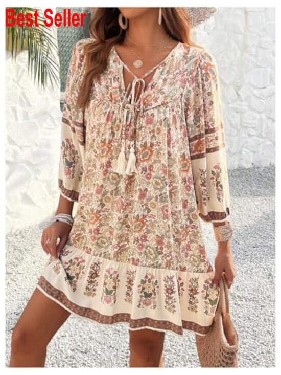 Puff Sleeve Boho Dress with Tie Neck and Floral Print - Picture 5 of 6
